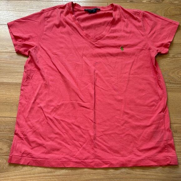 Vintage Ralph Lauren Sport salmon pink 100% Cotton T-Shirt Size Medium with gree - Picture 1 of 6